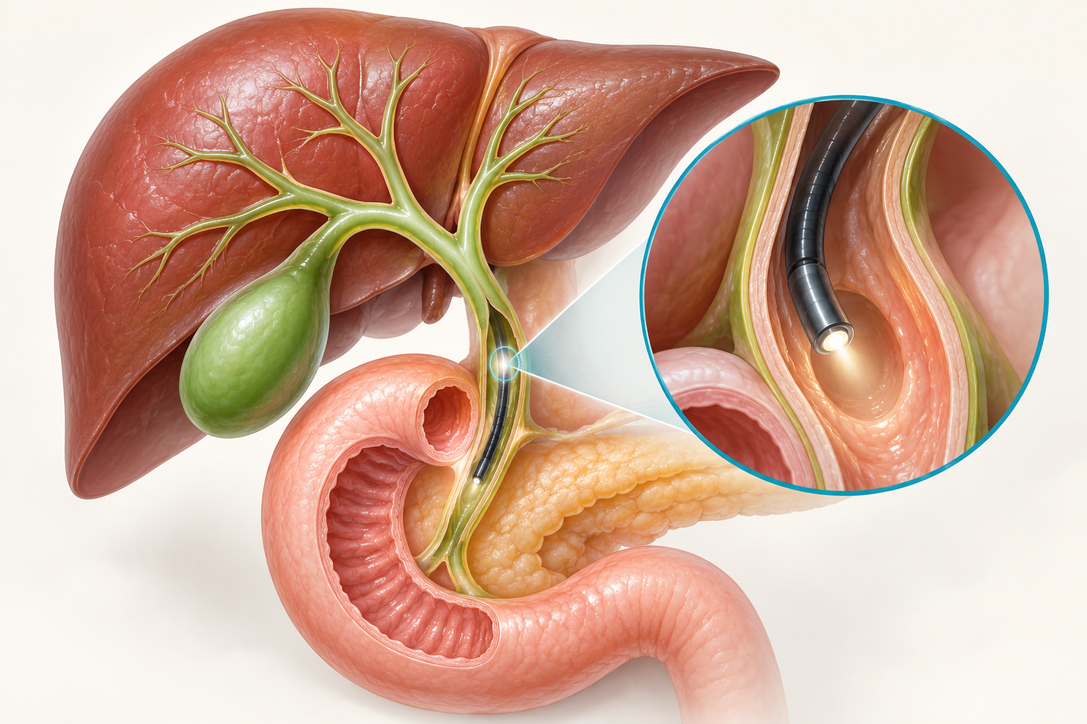 Medical illustration of cholangioscopy showing examination of the bile duct