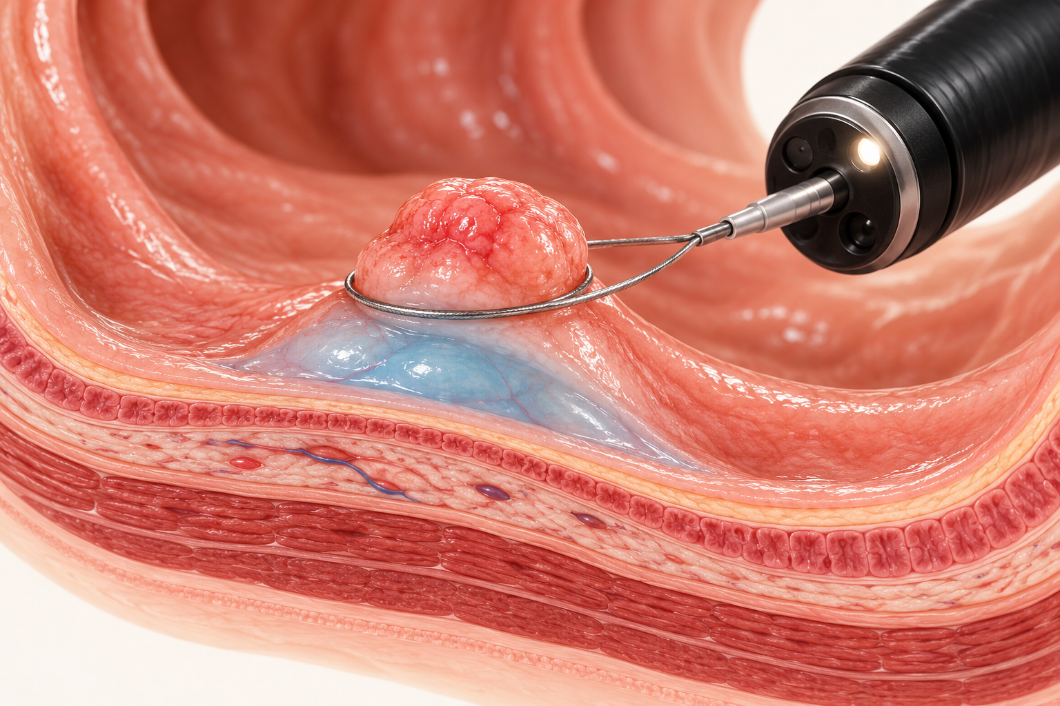 Medical illustration of endoscopic mucosal resection showing snare removal of a raised mucosal lesion