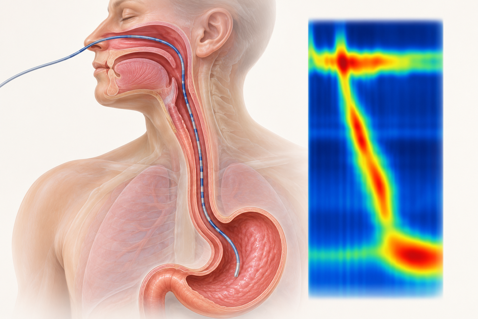 Illustration of esophageal manometry with a nasal catheter and pressure display